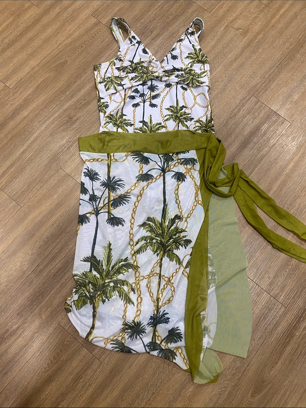 Tropical Palm Print bathing suit with Olive cover up